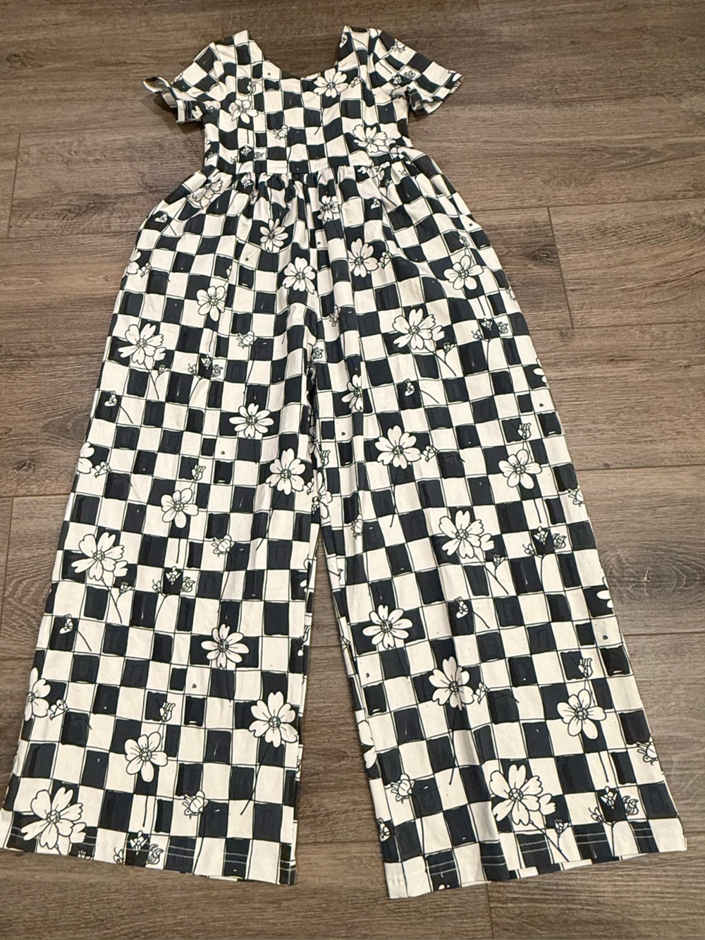 Made by Molly Black & White Checkered Floral Wide Leg Romper